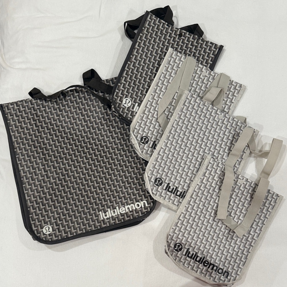 Lot of 5 Lululemon reusable Gray, Blackish Brown & cream Tote Bags Set